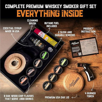 Whiskey Smoker Kit with Torch and Butane and Old Fashioned Syrup - 8 Flavors Wood Chips, 100% USA Oak, High-End Set - Old Fashioned Bourbon Cocktail Smoker Kit Gifts for Men Dad
