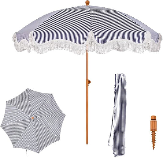 PHI VILLA 7ft Fringe Beach Umbrella with Sand Anchor, Outdoor Patio Portable Beach Umbrella for Sand with Tassels, Push Button Tilt & Carrying Bag, UPF 50+, Stripe Blue & White