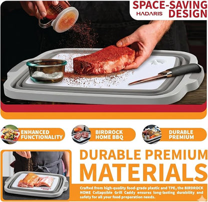 Collapsible BBQ Prep Tub with Cutting Board Lid (8L) - Extra Large Meat Marinating Container & Marinade Tray for Grilling, Smoker, Brisket - Portable Camping Food Prep Station (Gray)