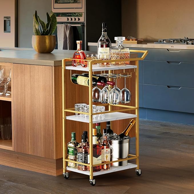 3 Tier Bar Cart Mini Liquor Utility Cart for Wine Beverage Dinner Party | Rolling Wine Coffee Drink Serving Cart with Lockable Wheels for Home Kitchen Bars (Gold)