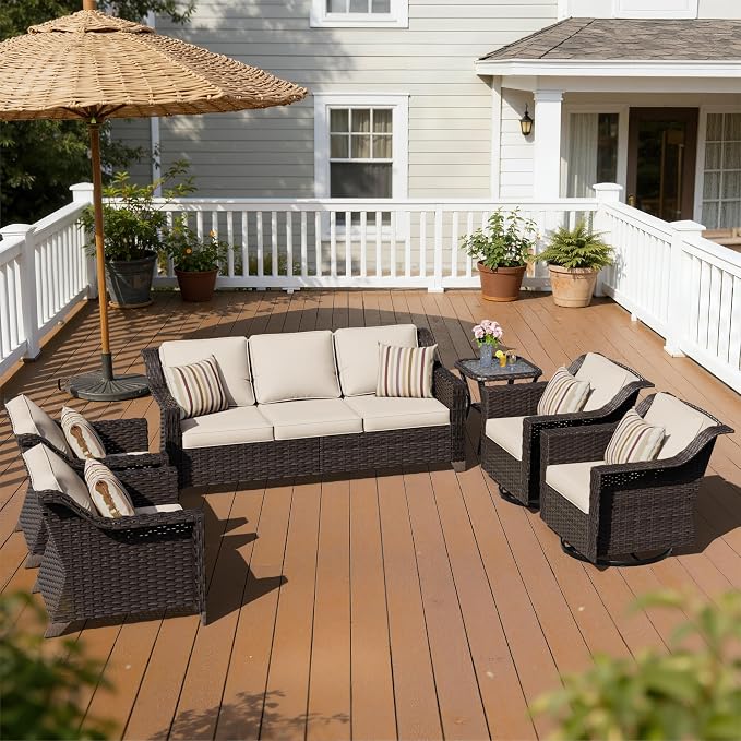 6 Piece Patio Furniture Set, Wicker Outdoor Conversation Set | Patio Chair Set with Olefin Removable Cushion, All-Weather Outdoor Couch with Deep Seat for Porch, Deck and Backyard, Beige