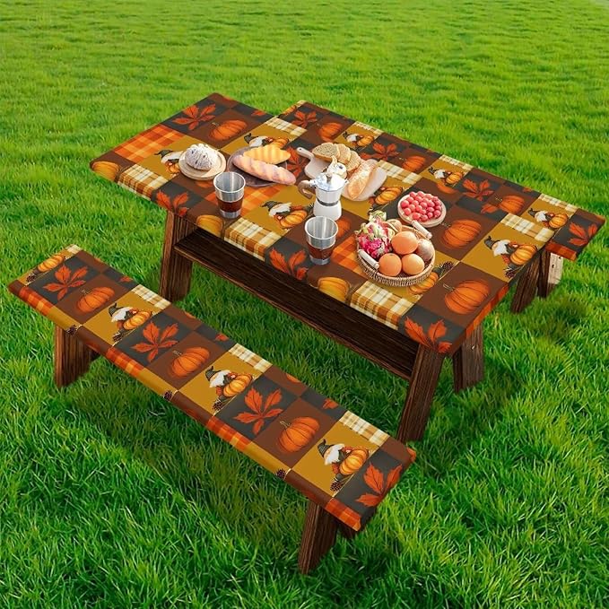 Elastic Fitted Table Cloth for Camping Party Fall Print Picnic Table Cover with Bench Covers 3 PCS for Outdoors