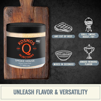 Kosmos Q Smoke House Reserve Blend Injection, BBQ Marinade for Brisket, Beef & More, Smoky Mesquite Flavor, Moisture-Retaining Meat Seasoning for Smoking & Grilling, 16 Oz Jar