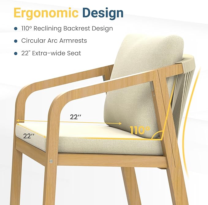 FansaFurn Acacia Wood Outdoor Dining Chairs Set of 2, 23" W×18.5L Patio Dining Chairs with Removable and Washable Cushion, All-Weather Outdoor Patio Sofa for Proch Garden, Lawn