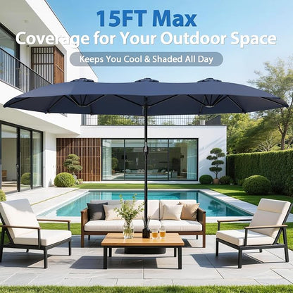 HOPERAN 15FT Patio Umbrella with Base Included, Large Outdoor Double-Sided Rectangle Table Umbrella with Easy Crank Lift, Market Umbrella for Backyard, Pool&Garden
