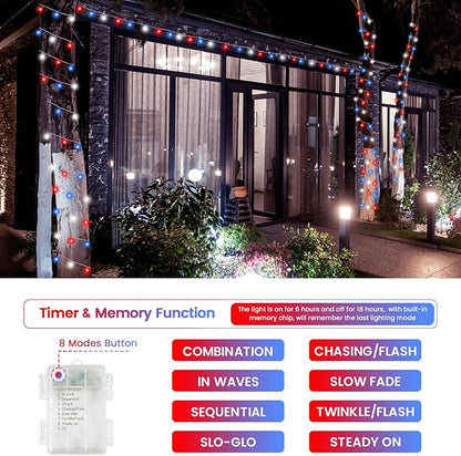 2 Pack Red White and Blue Battery Operated Fairy Lights, 33FT 100LED 4th of July String Lights with Timer, 8 Modes Waterproof Patriotic Twinkle Light Indoor Outdoor for Independence Day Memorial Day