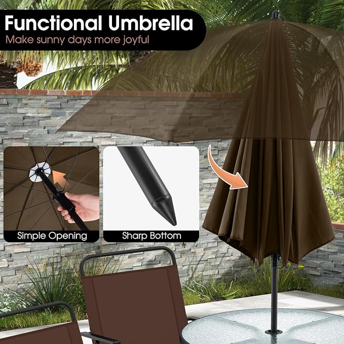 GIANTEX 6 Pieces Patio Dining Set, Folding Patio Chairs Set of 4, Tempered Glass Umbrella Table with Hole, Patio Table and Chairs for Lawn, Deck, Poolside, Backyard (Brown)