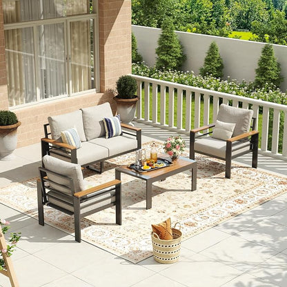 Aoxun Aluminum Patio Furniture Set 4 Seats, Oversized Outdoor Sectional with Washable Thick Cushions, Coffee Table, Patio Conversation Sets for Porch, Balcony, Deck