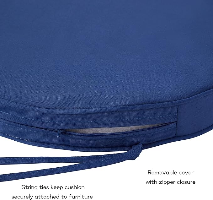 Set of 2 Outdoor 18 inch Round Patio Dining Chair Pads – Comfortable Fiber-Filled Seat Cushions with Ties, Reversible Polyester Fabric - Marine Blue