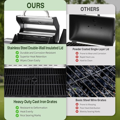 Gas and Charcoal Grill Combo with Side Burner, 4-Burner Propane Grill and Griddle Combo with Porcelain-Enameled Cast Iron Grates & Double-Wall Insulated Lid, 49,000 BTU Outdoor BBQ Grill