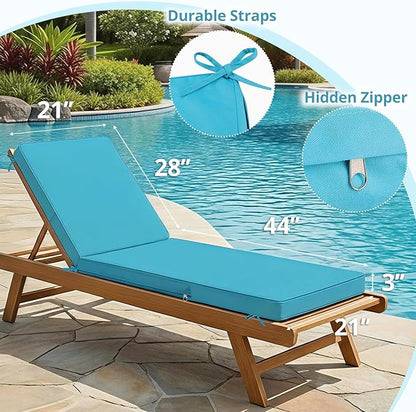 Fabuday Chaise Lounge Chair Cushions for Outdoor Furniture - 72 x 21 x 3 Inch Waterproof Patio Pool Sunbrella Lounger Pads Replacement with Removable Cover, Teal, Set of 2