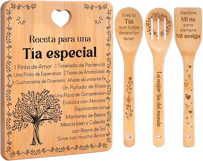 Regalos de cumpleaños para Tía - "Receta para una Tía especial". Juego de tablas de cortar y utensilios de bambú grabados. Regalos de cumpleaños para Tía. Spanish Aunt Cutting Board