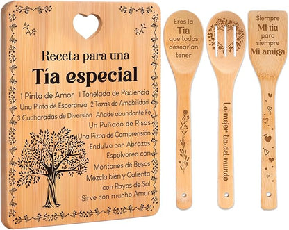 Regalos de cumpleaños para Tía - "Receta para una Tía especial". Juego de tablas de cortar y utensilios de bambú grabados. Regalos de cumpleaños para Tía. Spanish Aunt Cutting Board
