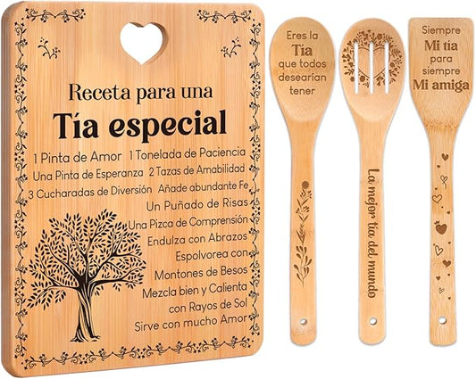 Regalos de cumpleaños para Tía - "Receta para una Tía especial". Juego de tablas de cortar y utensilios de bambú grabados. Regalos de cumpleaños para Tía. Spanish Aunt Cutting Board