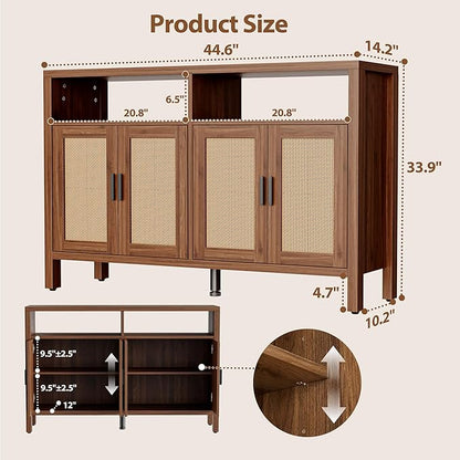 Rattan Buffet Cabinet with Storage, Sideboard with Doors, Console Table, Farmhouse Coffee Bar, Modern Wood Storage Cabinets(Walnut 2.0)