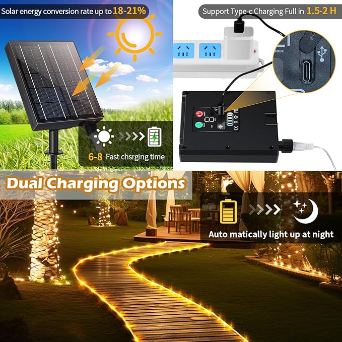 LairtPOW Larger Tube Solar Rope Lights with Remote,98FT 300LEDs Outdoor Solar Strip Lights,IP67 Waterproof USB Charging Solar String Lights, Timing & 8 Modes Fairy Light for Garden Tree (Warm White)