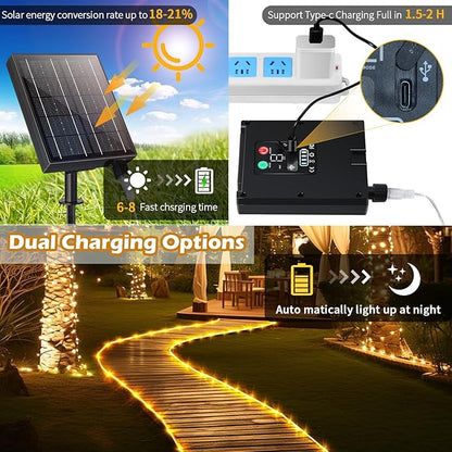 LairtPOW Larger Tube Solar Rope Lights with Remote,98FT 300LEDs Outdoor Solar Strip Lights,IP67 Waterproof USB Charging Solar String Lights, Timing & 8 Modes Fairy Light for Garden Tree (Warm White)