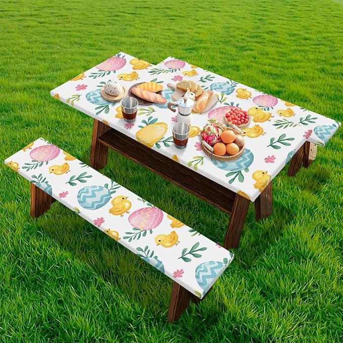Easter Egg Chick Elastic Fitted Table Cloth for Camping Party Supplies 3 PCS Set Easter Outdoor Picnic Table Cover with Bench Covers