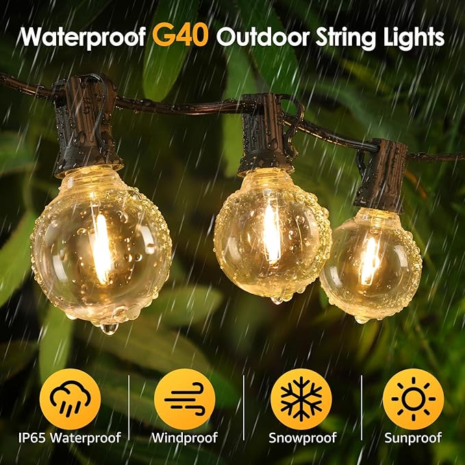 Mlambert 48FT Solar Powered String Lights, Outdoor Waterproof Patio Light with 15+1 Shatterproof LED G40 Bulbs, String Light for Backyard Balcony-Black