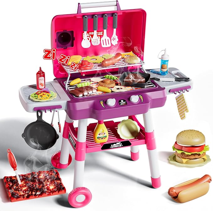 2-Tier Kids BBQ Grill Playset, Toy Grill for Kids, Outdoor Play Food | For toddlers ages 3-5, includes 35 grill accessories, play food & utensils for outdoor pretend BBQ cookout playset fun