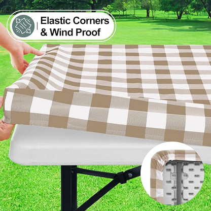 Buffalo Rectangle Picnic Tablecloth, 5 Foot Elastic Fitted Vinyl Table Cloth with Flannel Backing, Waterproof Plaid Table Covers for Dining, Camping, Outdoor (Khaki and White, 36" x 60")
