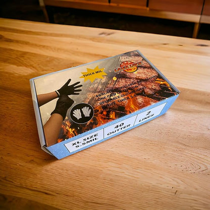 LavaLock Heavy Duty Thick 5.5 Mil Black Disposable Nitrile BBQ Gloves with 2 cotton liners for outdoor cooking and BBQ