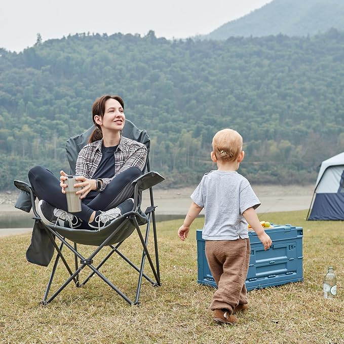 EVER ADVANCED Folding Camping Chair with High Back Padded 2 Pack Oversized Portable Lawn Chairs Lightweight Sturdy Steel Foldable Outdoor Camp Chair for Adults, Black