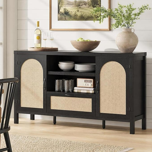 IDEALHOUSE Sideboard Buffet Cabinet with Storage, 59.1" Large Rattan Storage Cabinet with Drawers, Farmhouse Coffee Bar Cabinet for Living Room, Kitchen, Entryway, Black