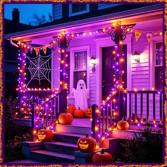 Slyuexu Solar String Lights Outdoor Waterproof 2 Pack Total 66ft 200LED | 8 Modes Twinkle Lights Solar Fairy Lights for Patio, Garden Yard Party Wedding Tree Halloween Decoration, Orange + Purple