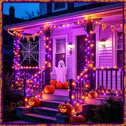 Slyuexu Solar String Lights Outdoor Waterproof 2 Pack Total 66ft 200LED | 8 Modes Twinkle Lights Solar Fairy Lights for Patio, Garden Yard Party Wedding Tree Halloween Decoration, Orange + Purple