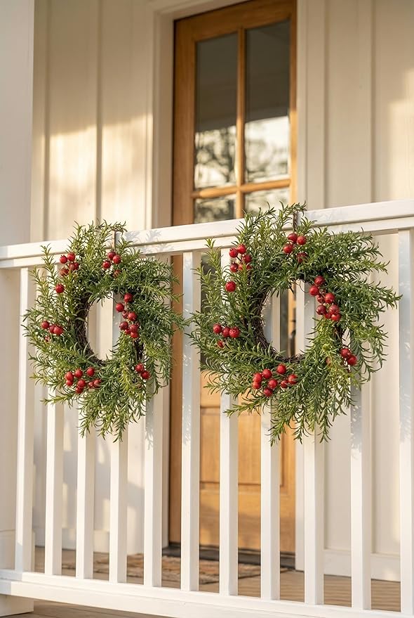 2 Pcs Christmas Candle Rings Wreaths, 10 Inch Candle Wreath with Artificial Berries Rosemary, Christmas Candle Holder Indoor Decor for Home Kitchen Cabinets Centerpieces for Tables