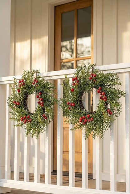 2 Pcs Christmas Candle Rings Wreaths, 10 Inch Candle Wreath with Artificial Berries Rosemary, Christmas Candle Holder Indoor Decor for Home Kitchen Cabinets Centerpieces for Tables