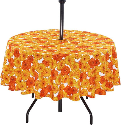 Poise3EHome Round Outdoor Tablecloth with Umbrella Hole and Zipper,Flower 70 Inch,Oxford SpillProof Washable Table Cloth for Spring Summer Patio Garden Poolside Picnic Camping BBQS