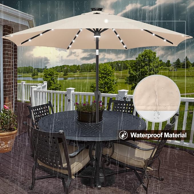 FLAME&SHADE Solar Patio Umbrella with a Centre Light, 9 FT Beige | 40 LED Lights, UV Protection, Waterproof, Porch Deck Outdoor Umbrella for Pool, Backyard, Garden, Provides Evening Lighting