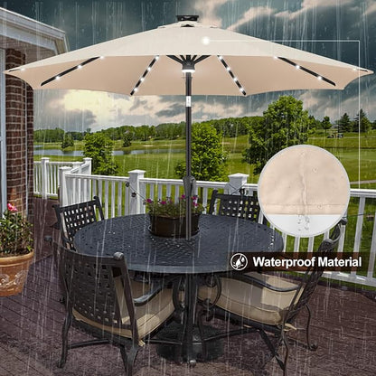 FLAME&SHADE Solar Patio Umbrella with a Centre Light, 9 FT Beige | 40 LED Lights, UV Protection, Waterproof, Porch Deck Outdoor Umbrella for Pool, Backyard, Garden, Provides Evening Lighting