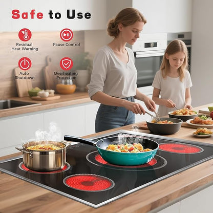 36 Inch Electric Cooktop, 5 Burner Stove Top Touch Control, 36" Glass Ceramic Stove Top 9600W with BBQ & Flexible Zone, Child Lock, Timer, Overheat Protection, 220-240V Hard Wired (No Plug)