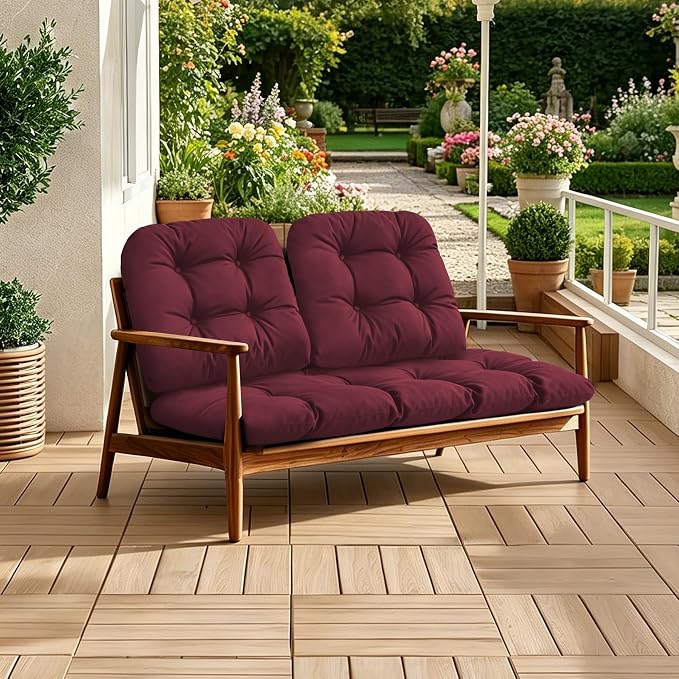 Outdoor Wicker Chair Cushions, 44×19×4 in, Waterproof, Burgundy | Waterproof Wicker Furniture Cushions, Fade Resistant, 3 Piece Patio Furniture Cushions Set for Bench, Loveseat, Swing, Settee
