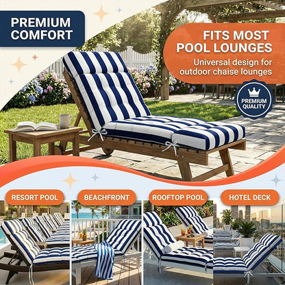 MAGIC ELEPHANT Chaise Lounge Cushion Outdoor, Memory Foam Patio Lounge Chair Cushion with Ties for Outdoor Furniture, 74 x 22 x 4 Inch (Navy Stripe)