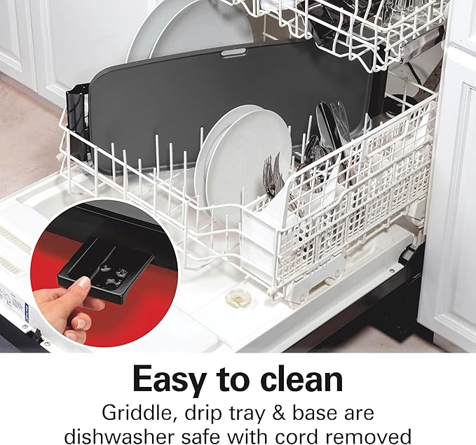 Hamilton Beach 200 Sq. In. Electric Griddle With Adjustable Temperature for 200 to 400 degrees, PTFE & PFOA Free Durathon Ceramic Reversible Nonstick Surface, Black (38522)