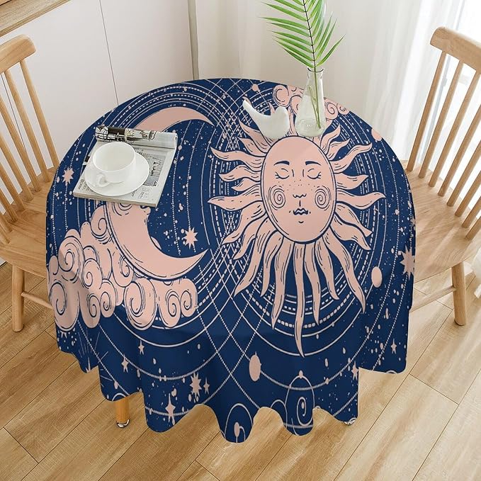 Moon Sun Round Tablecloth Vintage Boho Celestial Star Magical Galaxy Space Table Cloth Water Resistant Wipeable Table Cover for Farmhouse Picnic Party Holiday Kitchen Dinner Table 36"