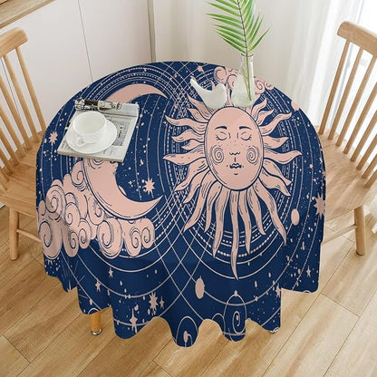 Moon Sun Round Tablecloth Vintage Boho Celestial Star Magical Galaxy Space Table Cloth Water Resistant Wipeable Table Cover for Farmhouse Picnic Party Holiday Kitchen Dinner Table 70"