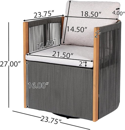 Christopher Knight Home Kato Outdoor Metal & Acacia Wood Frame Swivel Accent Chair with Removable Cushion, 360° Rotating Patio Armchair with Rope Accent, Outdoor Swivel Chair for Garden, Grey