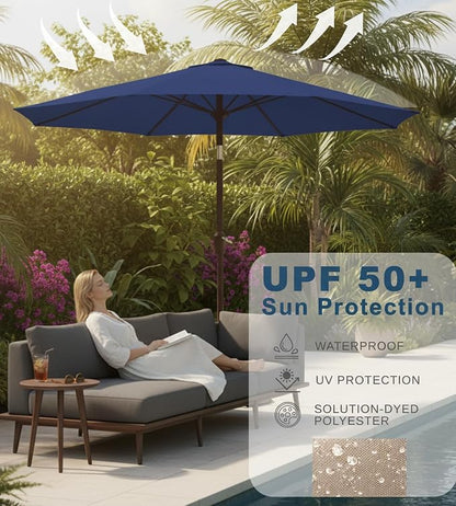 9FT Auto-Tilt Patio Umbrella|Outdoor Market Table Umbrella with 8 Fiberglass Ribs for Pool,Deck&Backyard