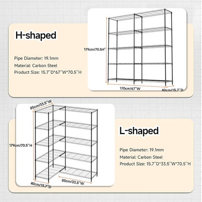 M MZG 5 Tiers Storage Shelves Load 1500LBS, Metal Shelving Wire Metal Shelving Unit Shelves for Storage Adjustable Garage Shelving for Pantry Kitchen Garage Black 15.8" D x 33.5" W x 70.5" H