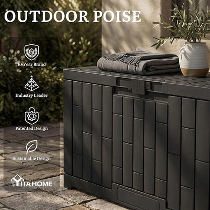 YITAHOME 60 Gallon Outdoor Storage Box, Large Water Resistant Resin Deck Box with Slide-Locking, Indoor Outdoor Bamboo-Textured Storage Container for Patio, Garden, Cushions, Tools, Equipment (Black)