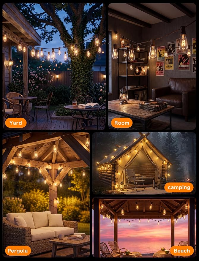 SUNSGNE 20Ft Edison Outdoor String Lights with 22 Clear Edison Bulbs, ST40 Vintage Bulbs String Lights, 7W Christmas Hanging Backyard Porch Balcony Party Decoration Lights, E17/C9 Socket Base, Brown