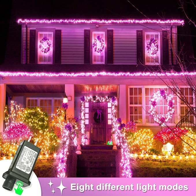 262FT 800 LED Outdoor String Lights, Pink Christmas Lights Indoor | Plug in Waterproof 8 Modes Clear Wire String Twinkle Lights for Bedroom Outside Patio Yard Xmas Party Wedding Decorations