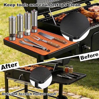 Silicone Grill Tools Mat for Blackstone Weber Traeger Pit Boss Flat Top Grill Smoker,BBQ Accessories Pad Mats for Outdoor Kitchen Counter Cooking, Side Shelf Spatula Mat,Gifts for Men (Orange)
