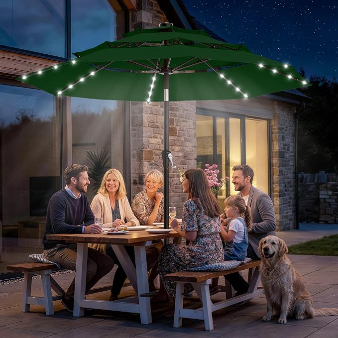 AreShark 9ft 3 Tiers Patio Umbrella with Solar Lights, Outdoor Umbrella w/ 32 LED Lights&8 Sturdy Ribs, Table Umbrella for Deck, Backyard, Pool (Dark Green)