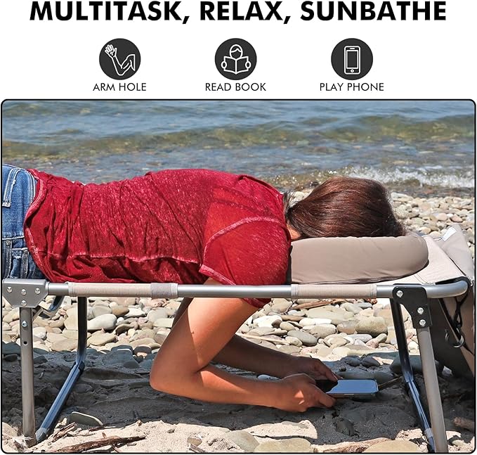 Wheel-To-Go Oversized Tanning Chair with Face Hole & Wheels | Portable Heavy Duty Folding Lounge Chair | Outside Sunbathing Reading Relaxing Beach Poolside Lawn | XL Wide | 330 LBS (Patent Design)